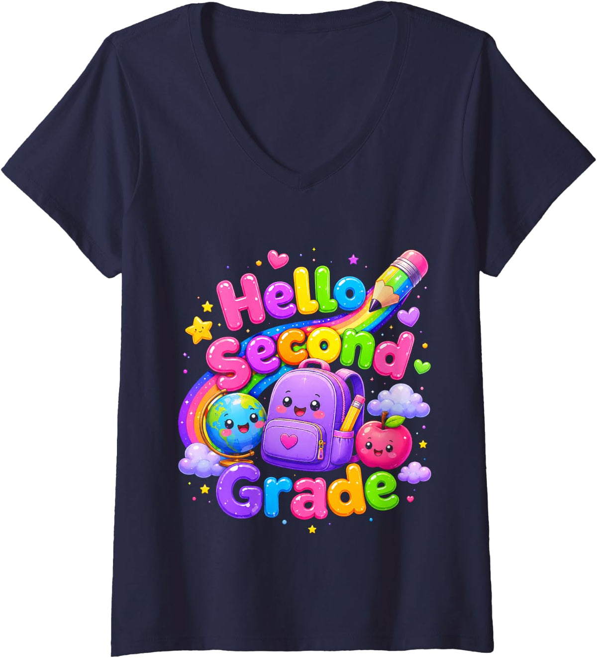 Women's Hello Second Grade Teacher First Day of 2nd Grade Dumpling V-Neck T-Shirt - Navy Blue