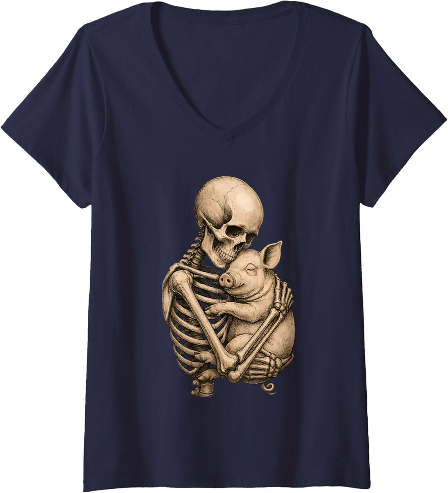 Women's Cute Skeleton Hugging Pig Vintage Gothic Pig Lover Funny V-Neck T-Shirt - Navy Blue
