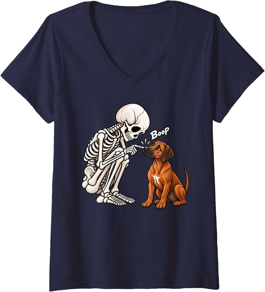 Women's Funny Skeleton Rhodesian Ridgeback Boop Halloween Dog Lover V-Neck T-Shirt - Navy Blue