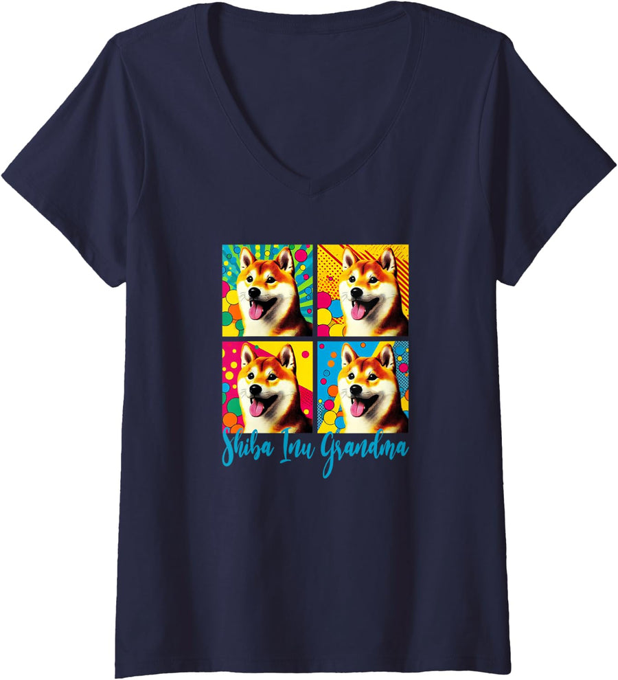 Women's Pop Art Style Shiba Inu Grandma V-Neck T-Shirt - Navy Blue