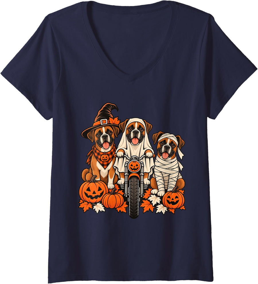 Women's Fall Ghost Boxer Dog Motorcycle Lovers Halloween V-Neck T-Shirt - Navy Blue