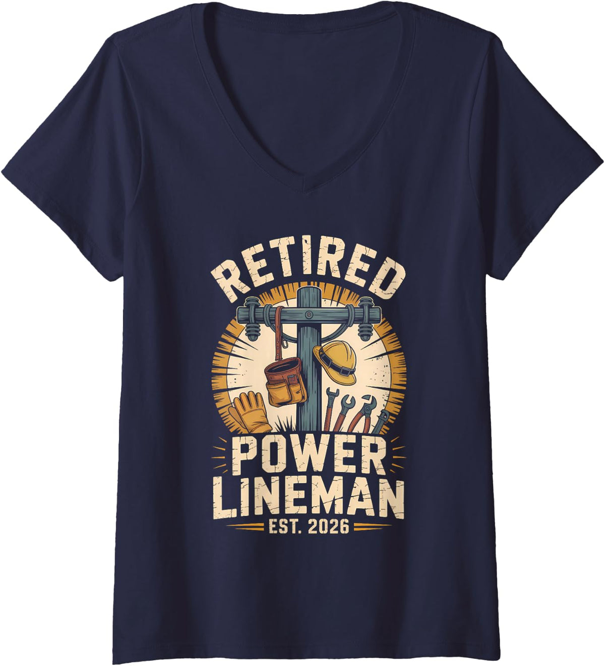 Women's Power Lineman Retired Est 2026 Utility Crew V-Neck T-Shirt - Navy Blue