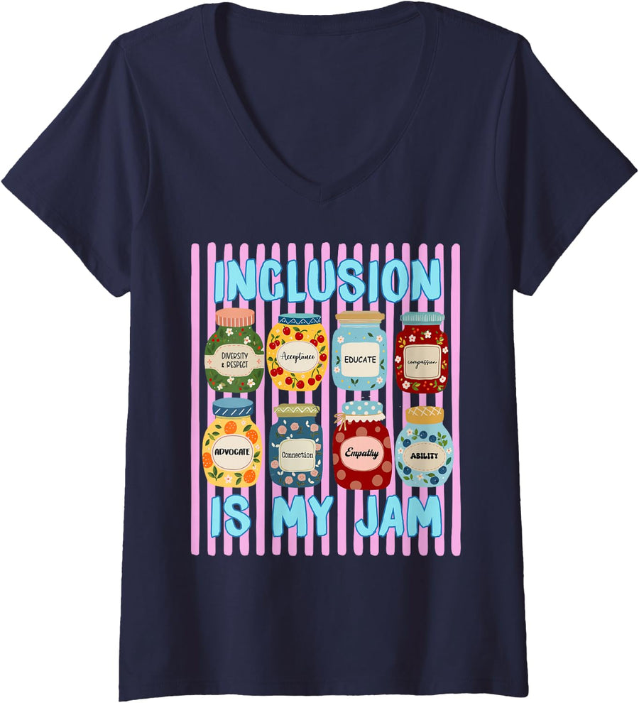Women's Inclusion is My Jam SPED Teacher Educator Special Education V-Neck T-Shirt - Navy Blue