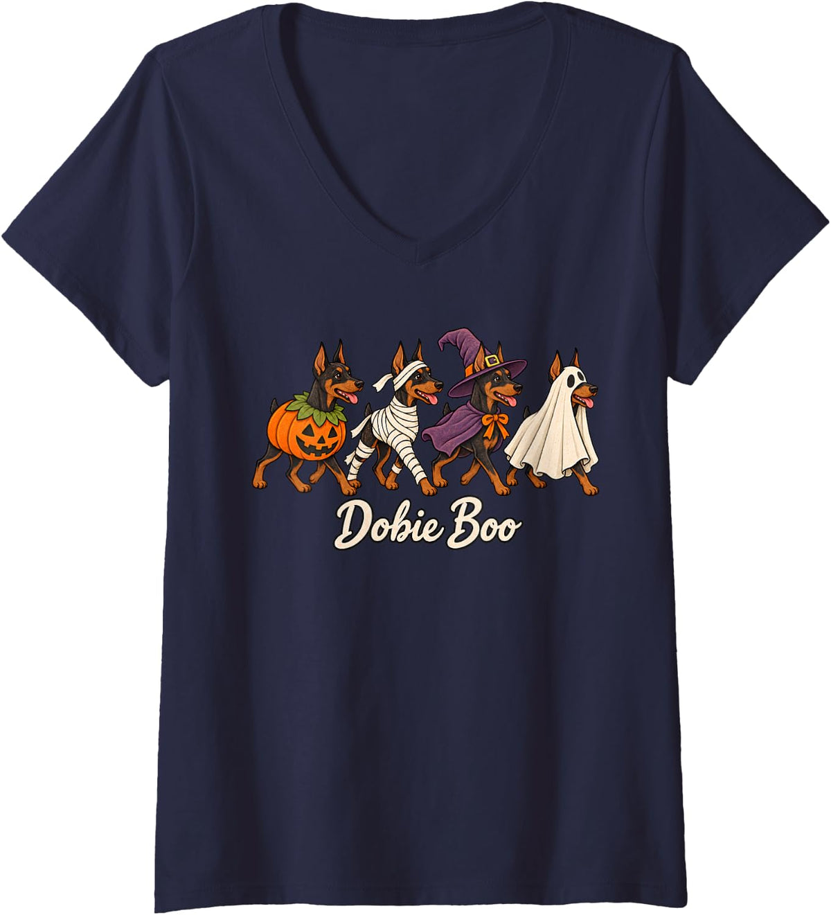 Women's Doberman Pinscher Halloween Pumpkin Mummy Witch Ghost Dog V-Neck T-Shirt - Navy Blue