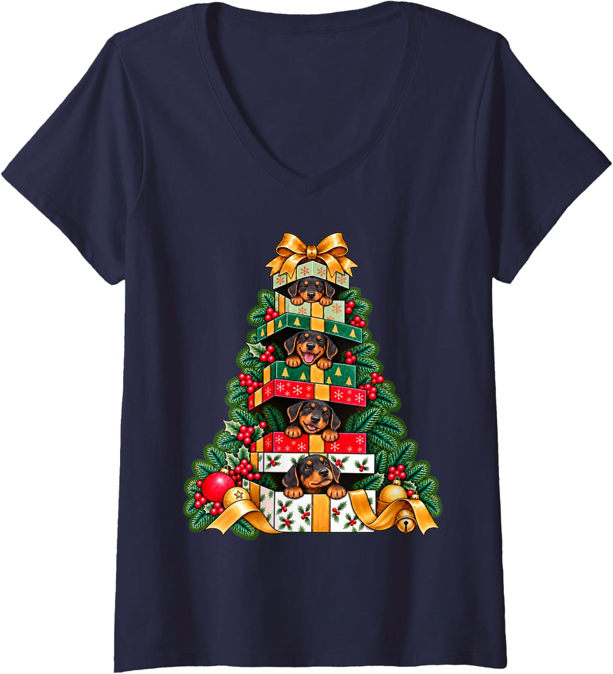 Women's Doberman Pinscher Stacked Wrapped Box Holiday Tree Surprise V-Neck T-Shirt - Navy Blue
