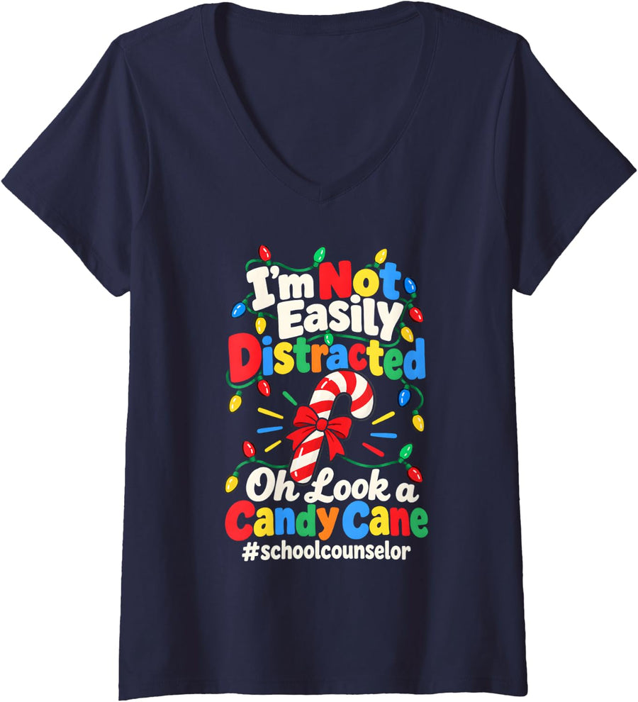 Women's School Counselor Christmas Easily Distracted Festive Lights V-Neck T-Shirt - Navy Blue