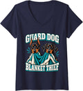 Women's Doberman Guard Dog Blanket Thief Pinscher Dad Funny Dobie V-Neck T-Shirt - Navy Blue