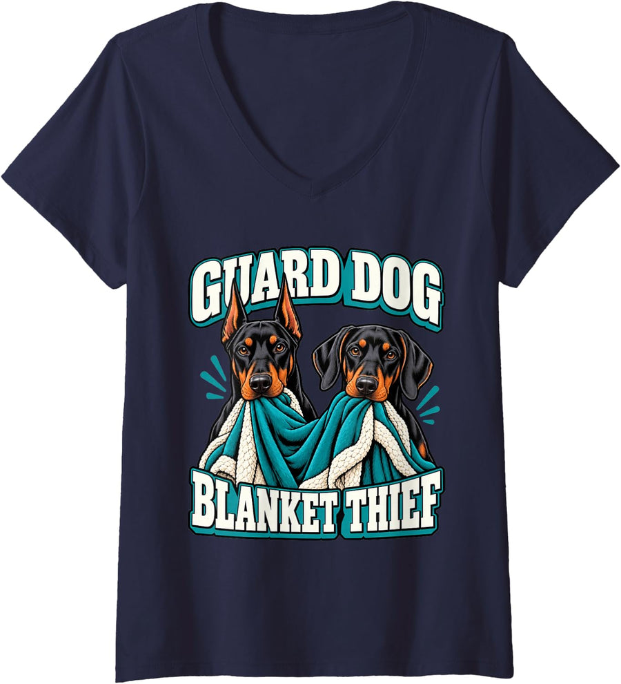 Women's Doberman Guard Dog Blanket Thief Pinscher Dad Funny Dobie V-Neck T-Shirt - Navy Blue