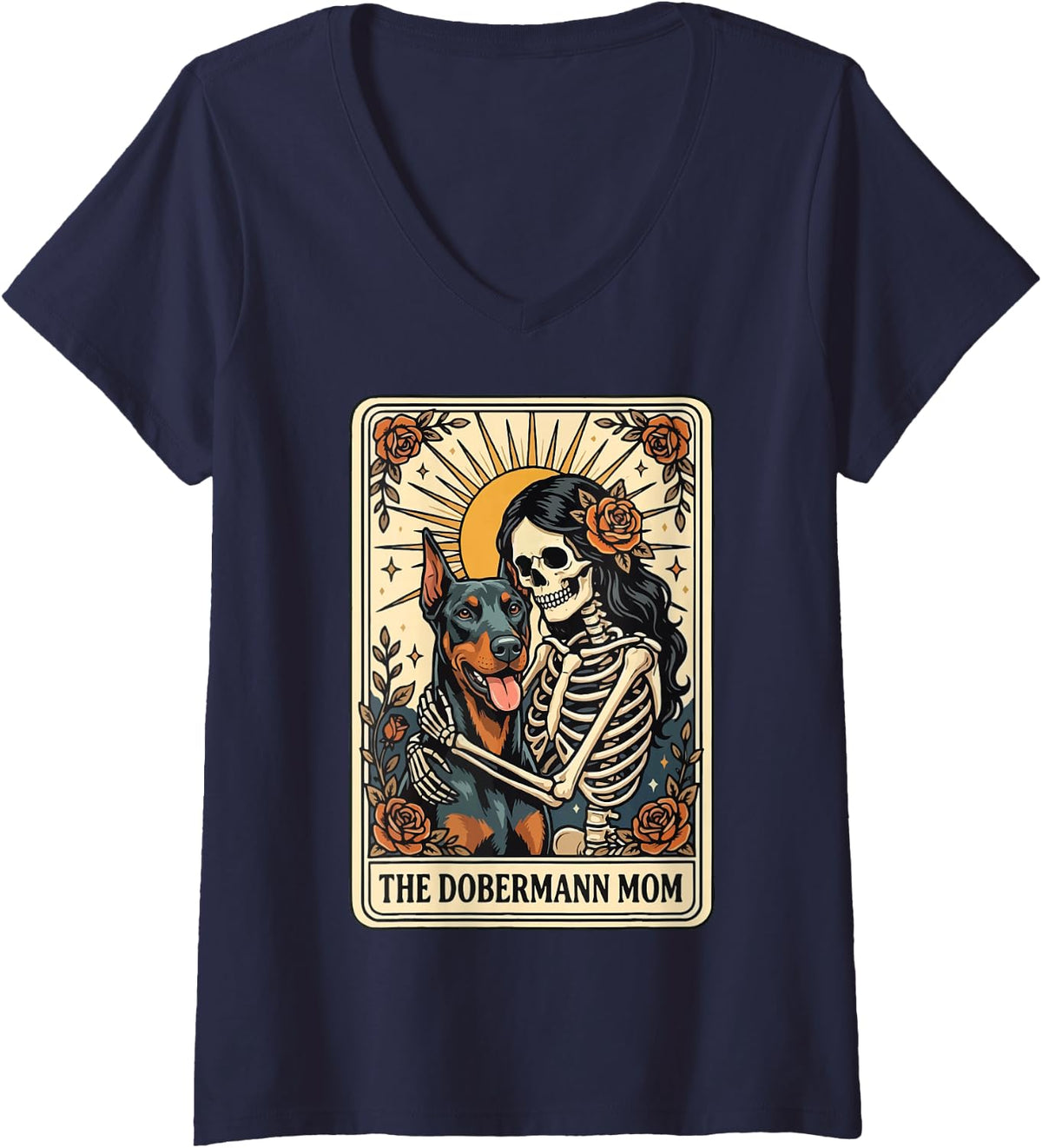 Women's The Dobermann Mom Tarot Card V-Neck T-Shirt - Navy Blue