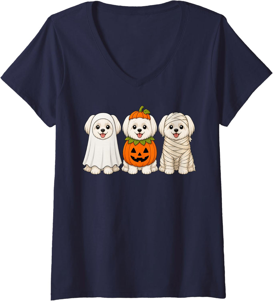 Women's Spooky Maltese Pumpkin Ghost Halloween Dog Lover V-Neck T-Shirt - Navy Blue