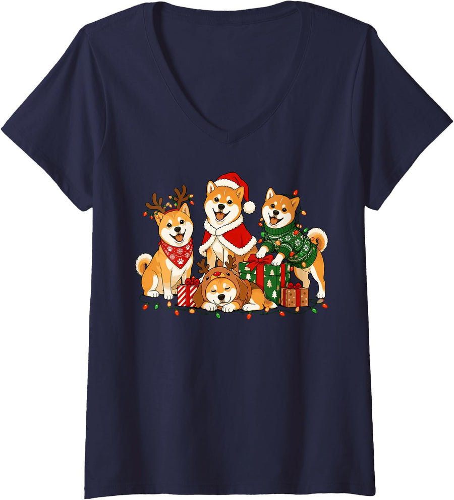 Women's Christmas Shiba Inu Dogs Cute Costume Dog Christmas V-Neck T-Shirt - Navy Blue