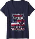 Womens Proud Sister Veteran Nothing Scares Patriotic Veterans Day V-Neck T-Shirt - Navy Blue