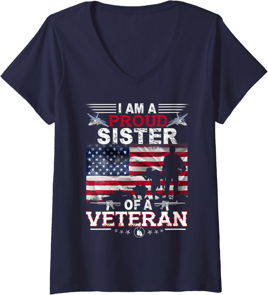 Womens Proud Sister Veteran Nothing Scares Patriotic Veterans Day V-Neck T-Shirt - Navy Blue