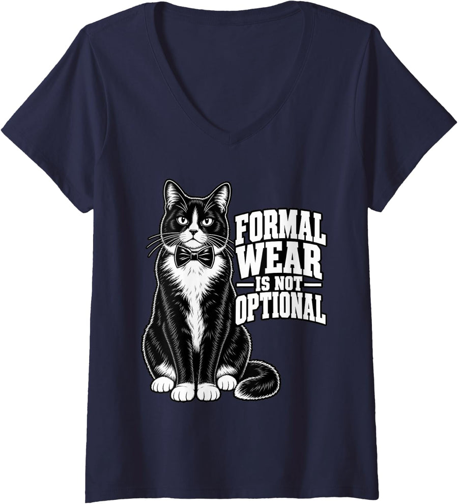 Women's Tuxedo Cat Formal Wear is Not Optional Mom Funny Owner Kitty V-Neck T-Shirt - Navy Blue