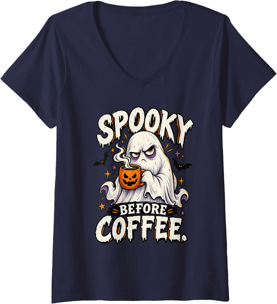 Women's Spooky Before Coffee Funny Halloween Ghost Coffee Lover V-Neck T-Shirt - Navy Blue