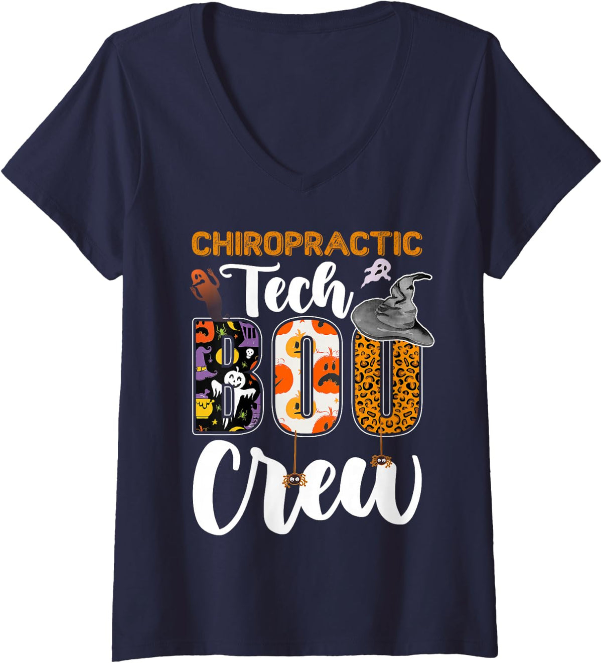 Women's Chiropractic Tech Boo Crew Halloween Costume Matching V-Neck T-Shirt - Navy Blue