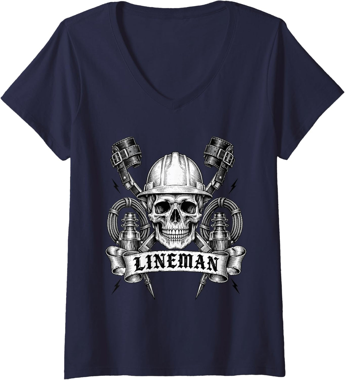 Women's Lineman Skull with Hard Hat and Tools V-Neck T-Shirt - Navy Blue