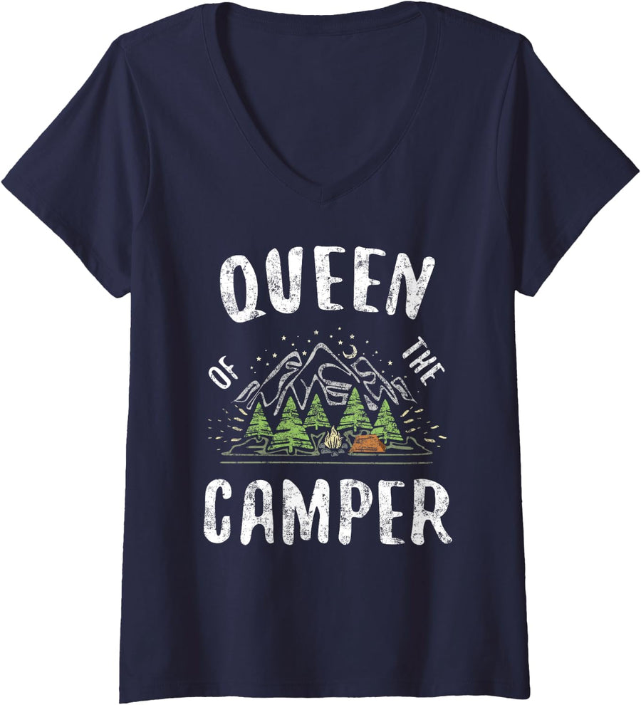 Womens Queen Of The Camper T-Shirt Camping Shirt V-Neck T-Shirt - Navy Blue
