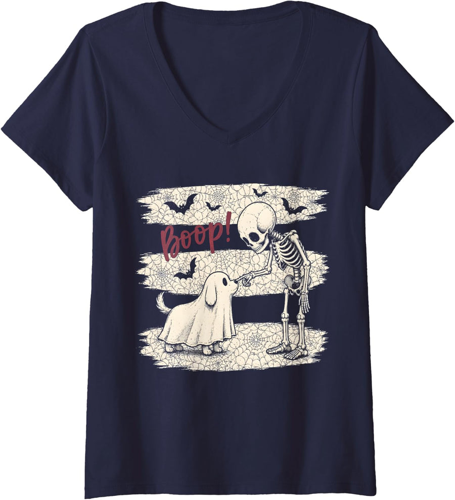 Women's Funny Skeleton Ghost Dog Boop Halloween Spooky Dog Lover V-Neck T-Shirt - Navy Blue