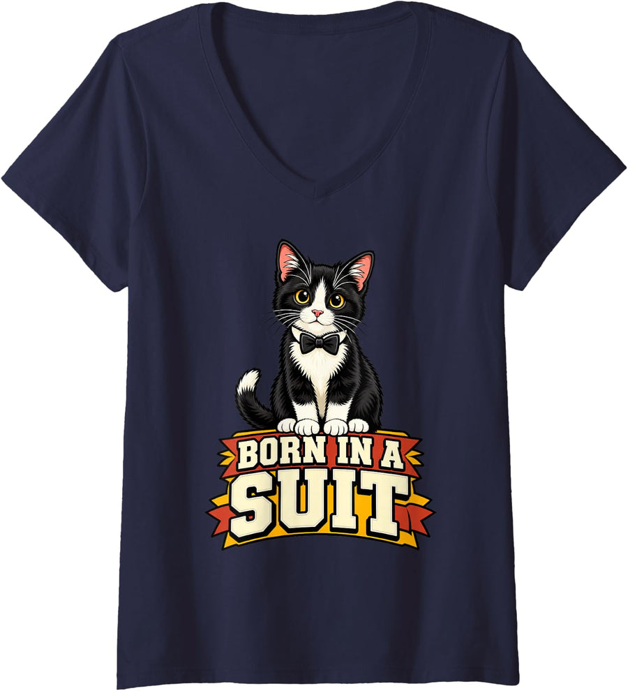 Women's Tuxedo Cat Born in A Suit Funny Kitty Mom Kitten Lover V-Neck T-Shirt - Navy Blue