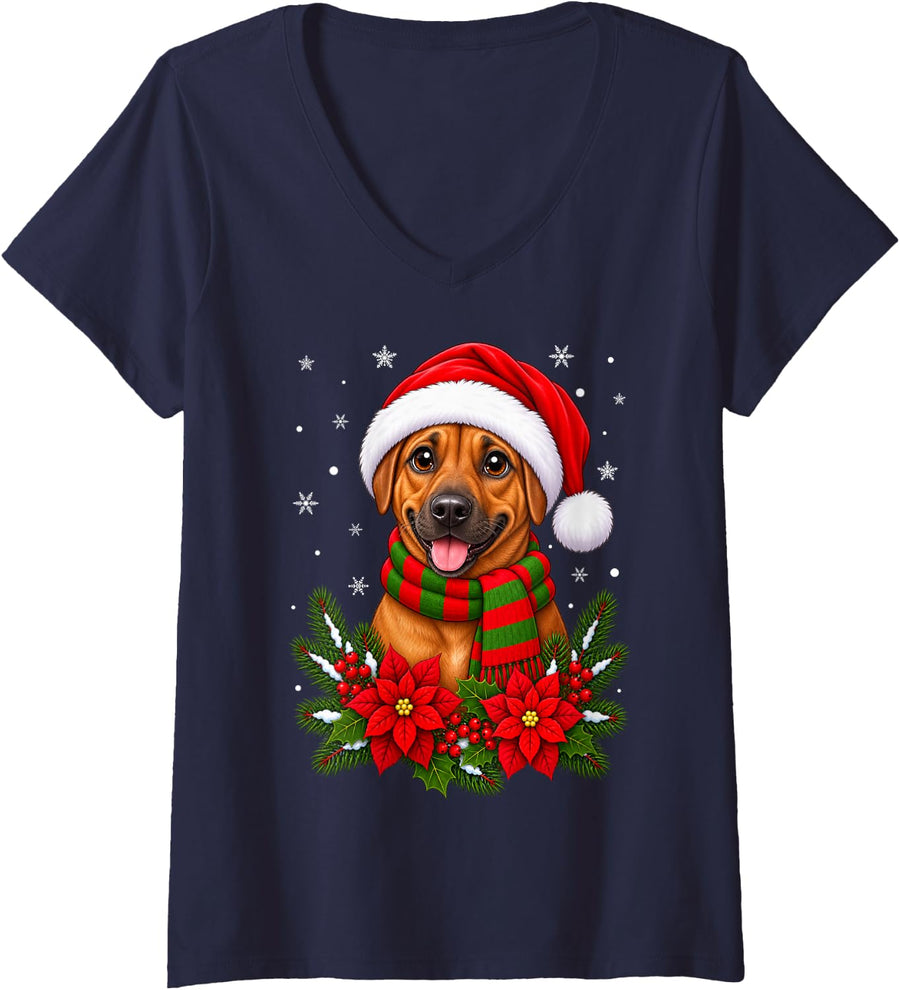 Women's Festive Flowers Santa Hat Rhodesian Ridgeback Dog Christmas V-Neck T-Shirt - Navy Blue