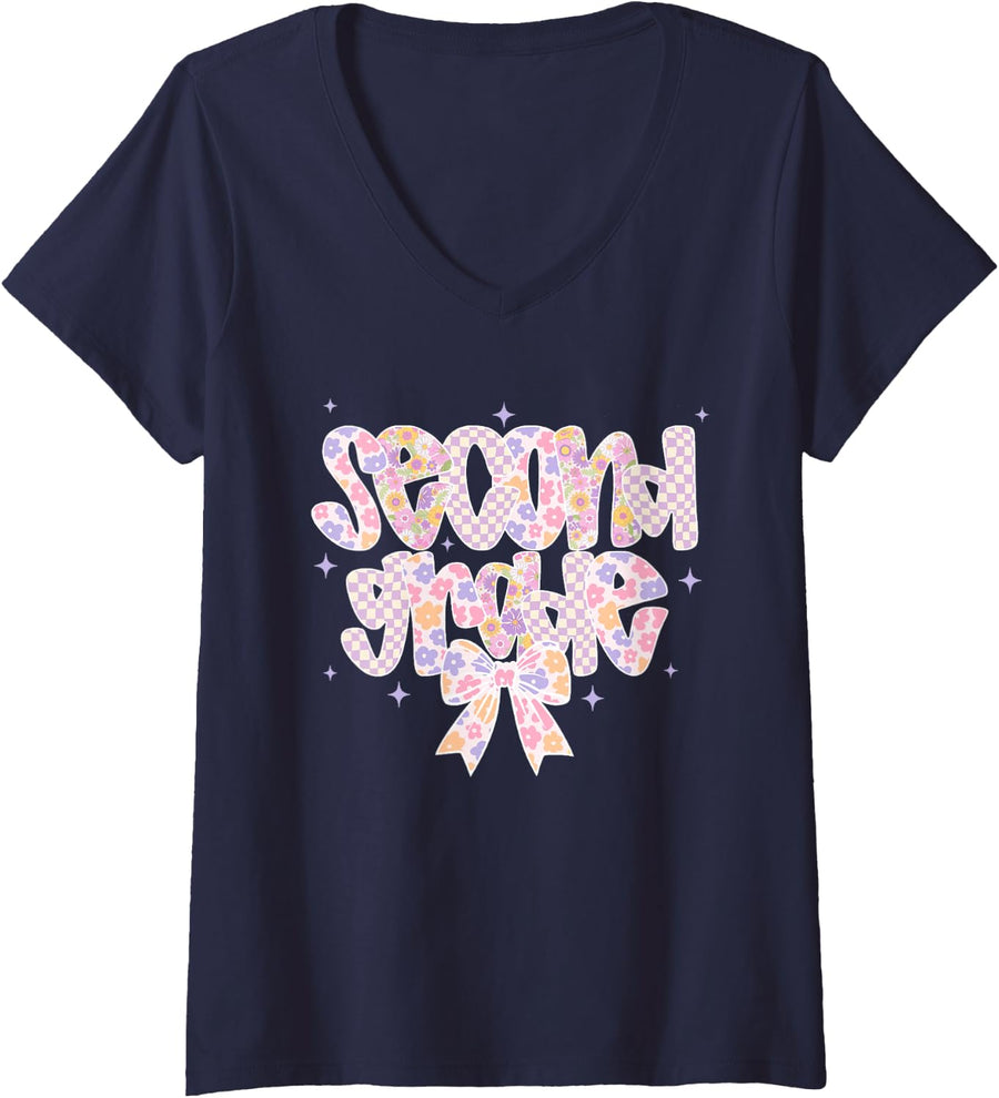 Women's Second Grade Retro Checkered Back to School Boys Girls Kids V-Neck T-Shirt - Navy Blue
