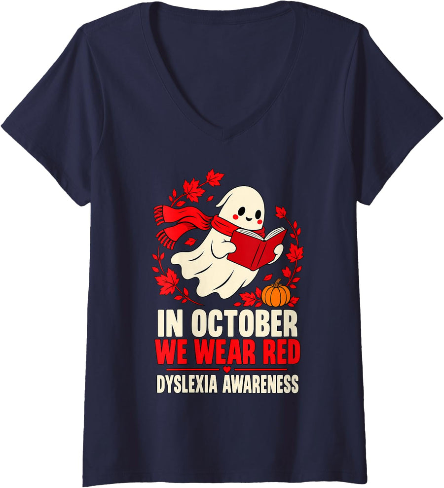 Women's in October We Wear Red Dyslexia Awareness Reading Ghost V-Neck T-Shirt - Navy Blue