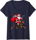 Women's Xmas Santa Riding Doberman Pinscher Lovers Pet Dog Christmas V-Neck T-Shirt - Navy Blue