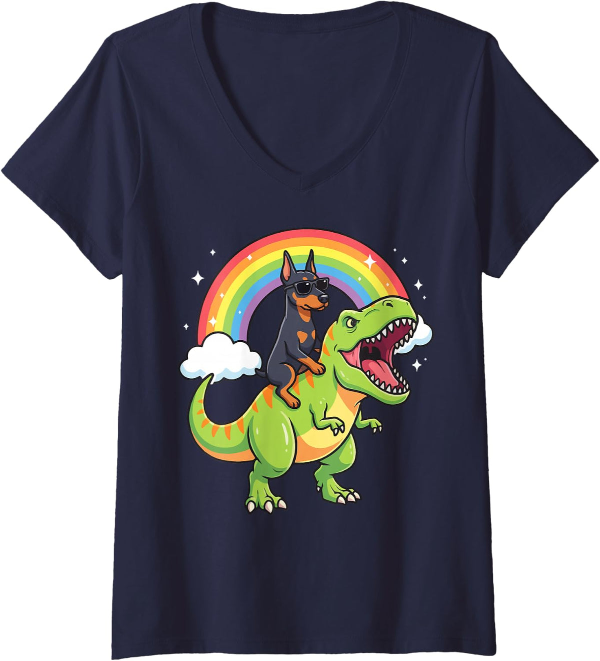 Women's Doberman Dinosaur T-Rex V-Neck T-Shirt - Navy Blue