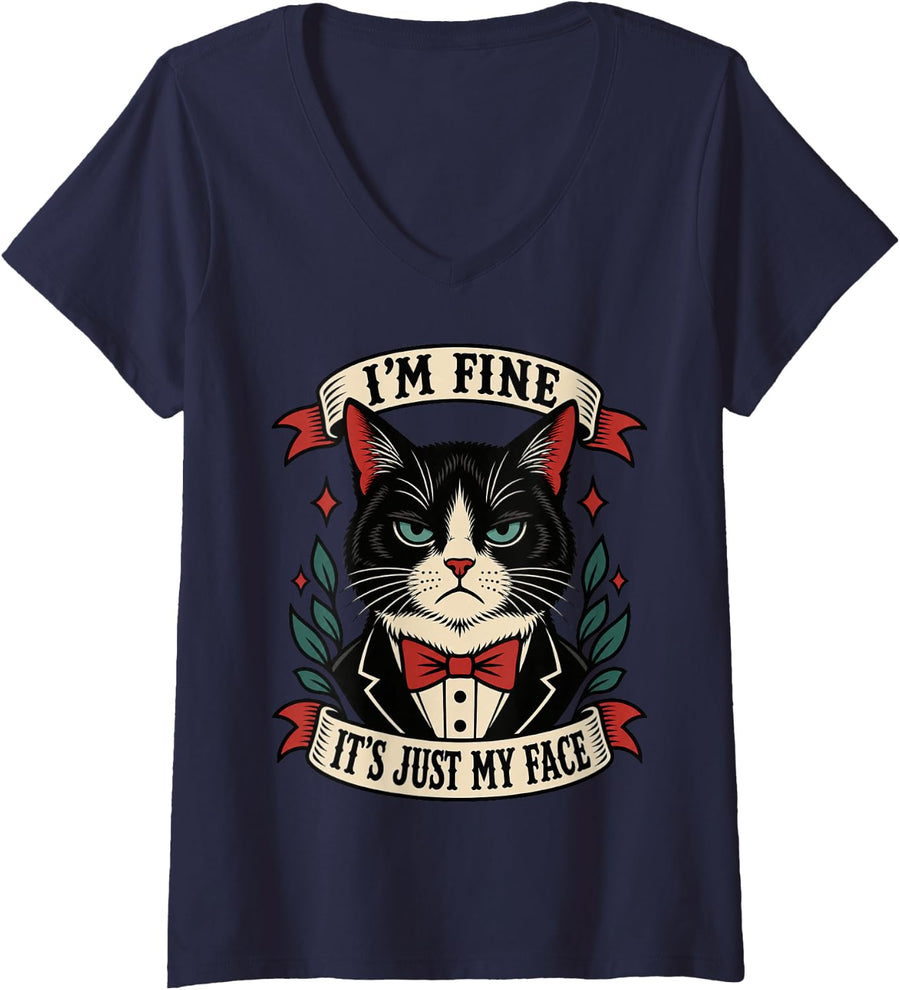Women's I'm Fine It's Just My face Deadpan Tuxedo Cat Animal Humor V-Neck T-Shirt - Navy Blue