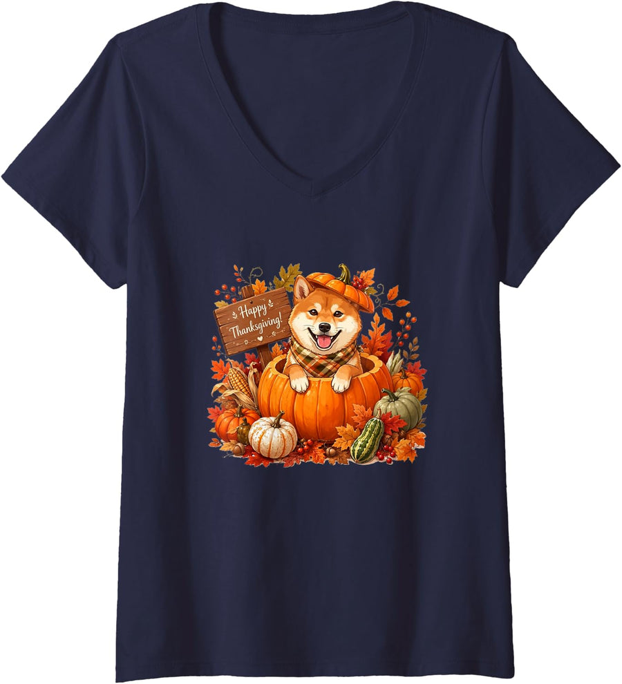Women's Shiba Inu Inside Pumpkin Fall Leaves Thanksgiving Owner V-Neck T-Shirt - Navy Blue