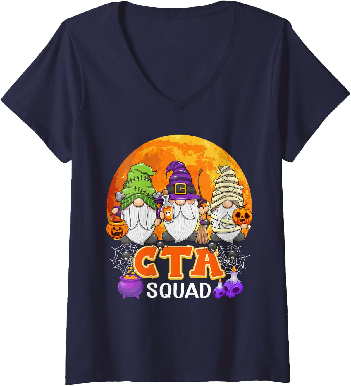 Women's CTA Squad Halloween Chiropractic Therapy Gnome Matching V-Neck T-Shirt - Navy Blue