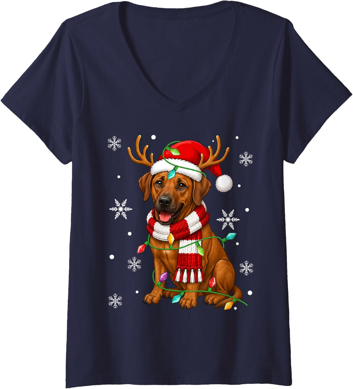 Women's Rhodesian Ridgeback Dog Christmas Lights Santa Hat Xmas V-Neck T-Shirt - Navy Blue