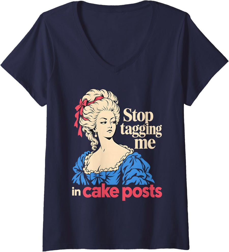 Women's Funny Marie Antoinette French History Cake Humor V-Neck T-Shirt - Navy Blue