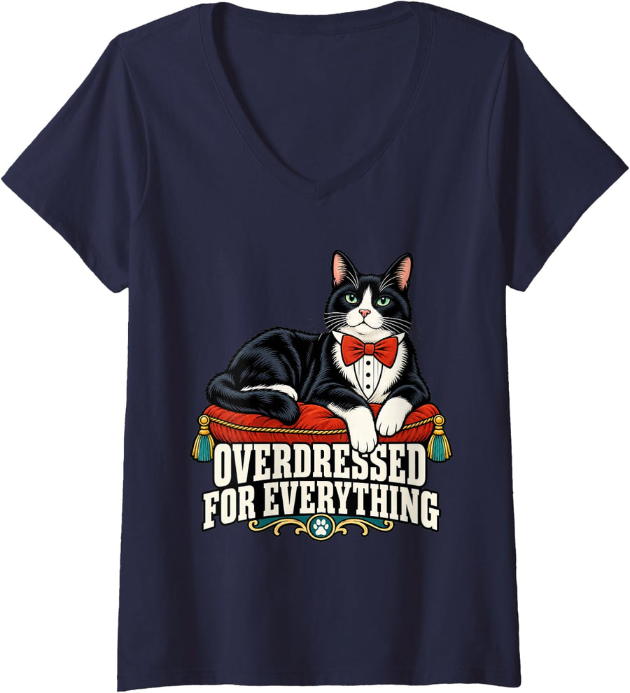 Women's Tuxedo Cat Overdressed for Everything Kitty Dad Funny Owner V-Neck T-Shirt - Navy Blue
