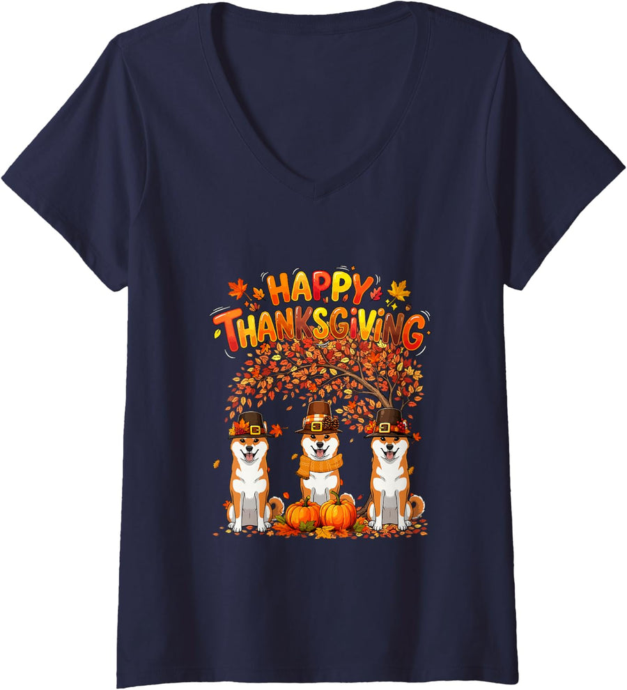 Women's Three Cute Shiba Inus Thanksgiving Fall Tree Owner Pilgrim V-Neck T-Shirt - Navy Blue