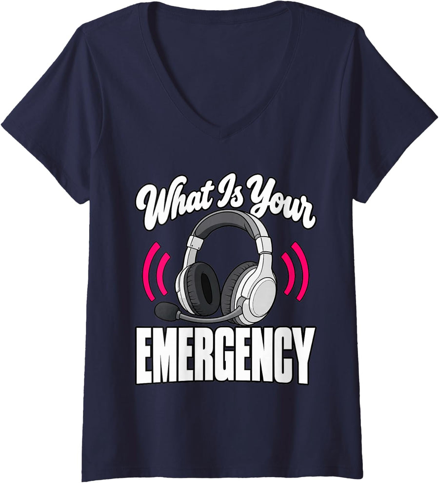 Women's 911 Dispatcher What is Your Emergency Headset Funny Coworker V-Neck T-Shirt - Navy Blue