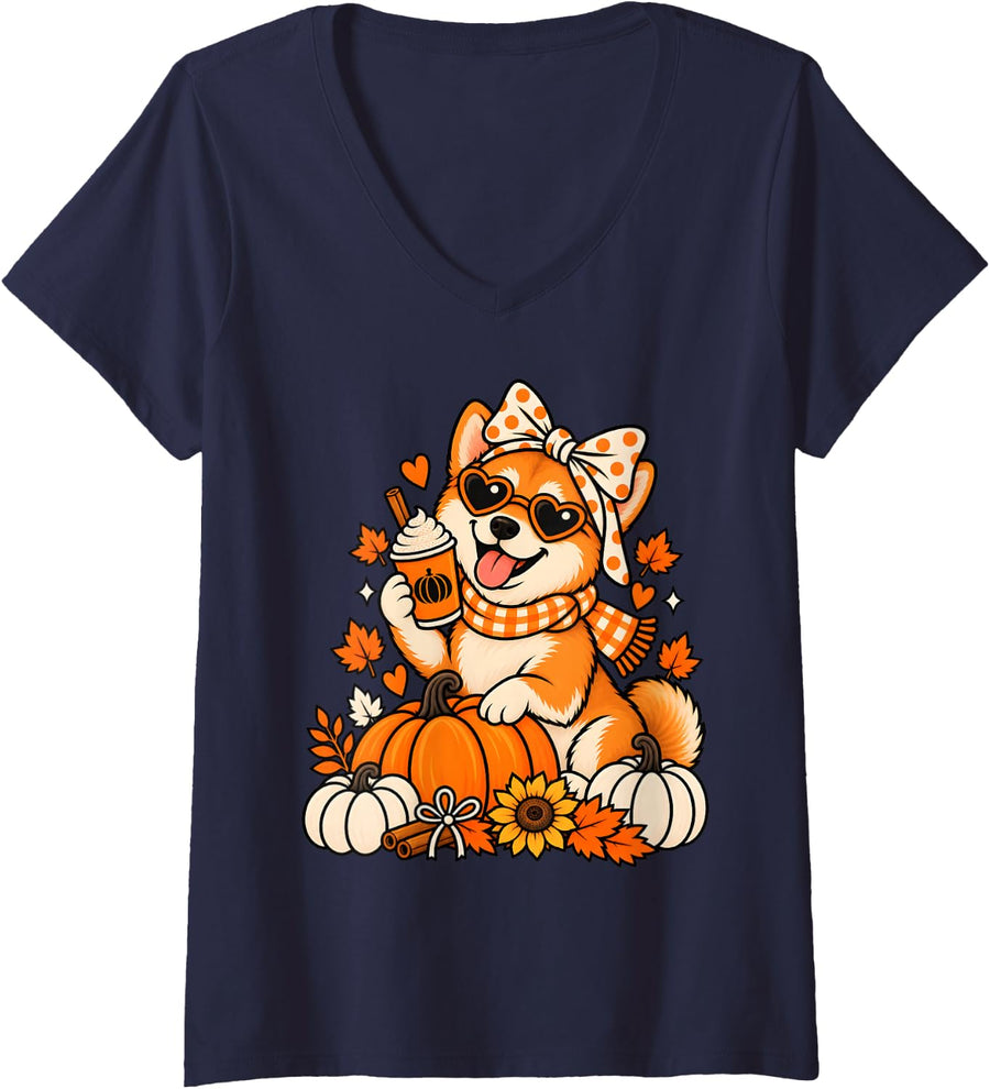 Women's Cute Pumpkin Spice and Shiba Inu Dog Women Girls Fall Autumn V-Neck T-Shirt - Navy Blue