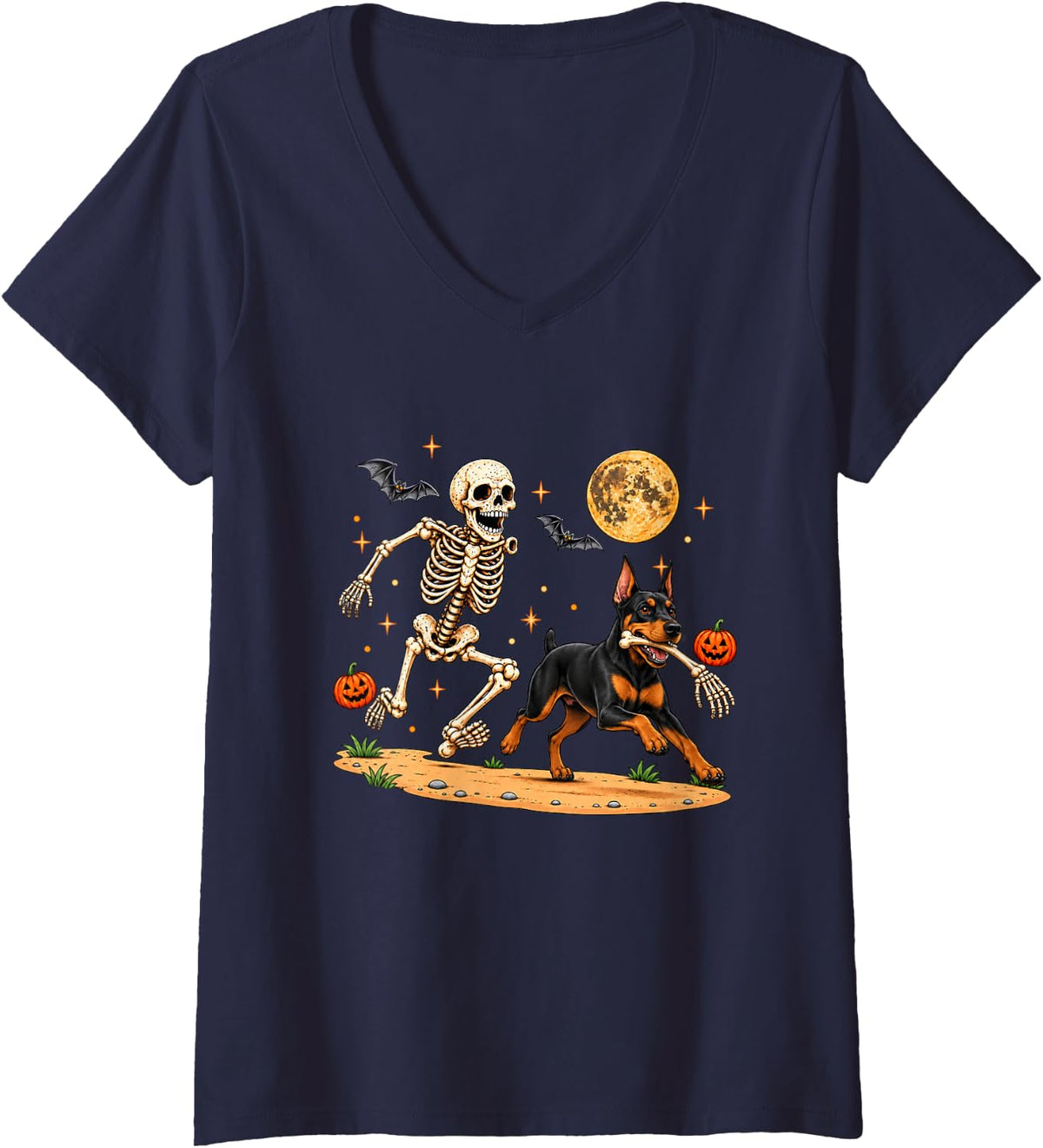 Women's Funny Skeleton Chasing Doberman Pinscher Halloween Dog Mom V-Neck T-Shirt - Navy Blue
