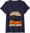 Women's Doberman Looks Tough Loves Naps Dog Owner Funny Pinscher V-Neck T-Shirt - Navy Blue