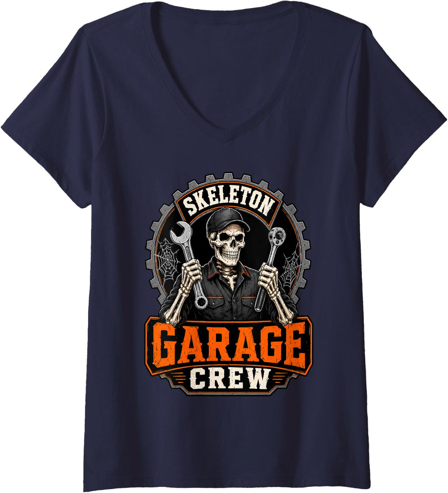 Women's Skeleton Garage Crew Engineer Mechanic Halloween Costume V-Neck T-Shirt - Navy Blue