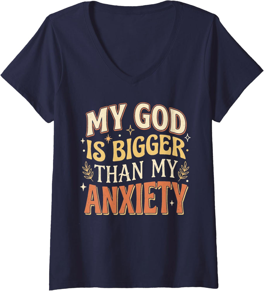Women's My God is Bigger Than Anxiety Jesus Christian V-Neck T-Shirt - Navy Blue