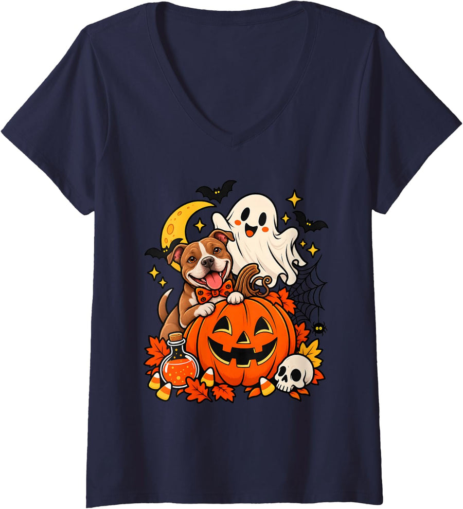 Women's Retro Pumpkin Ghost Pitbull Dog Spooky Pet Lover Halloween V-Neck T-Shirt - Navy Blue