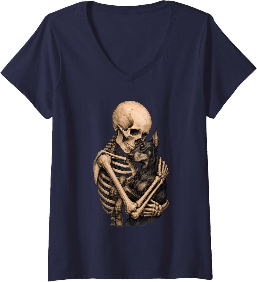 Women's Halloween Gothic Skeleton Hugging Doberman Pinscher Dog V-Neck T-Shirt - Navy Blue
