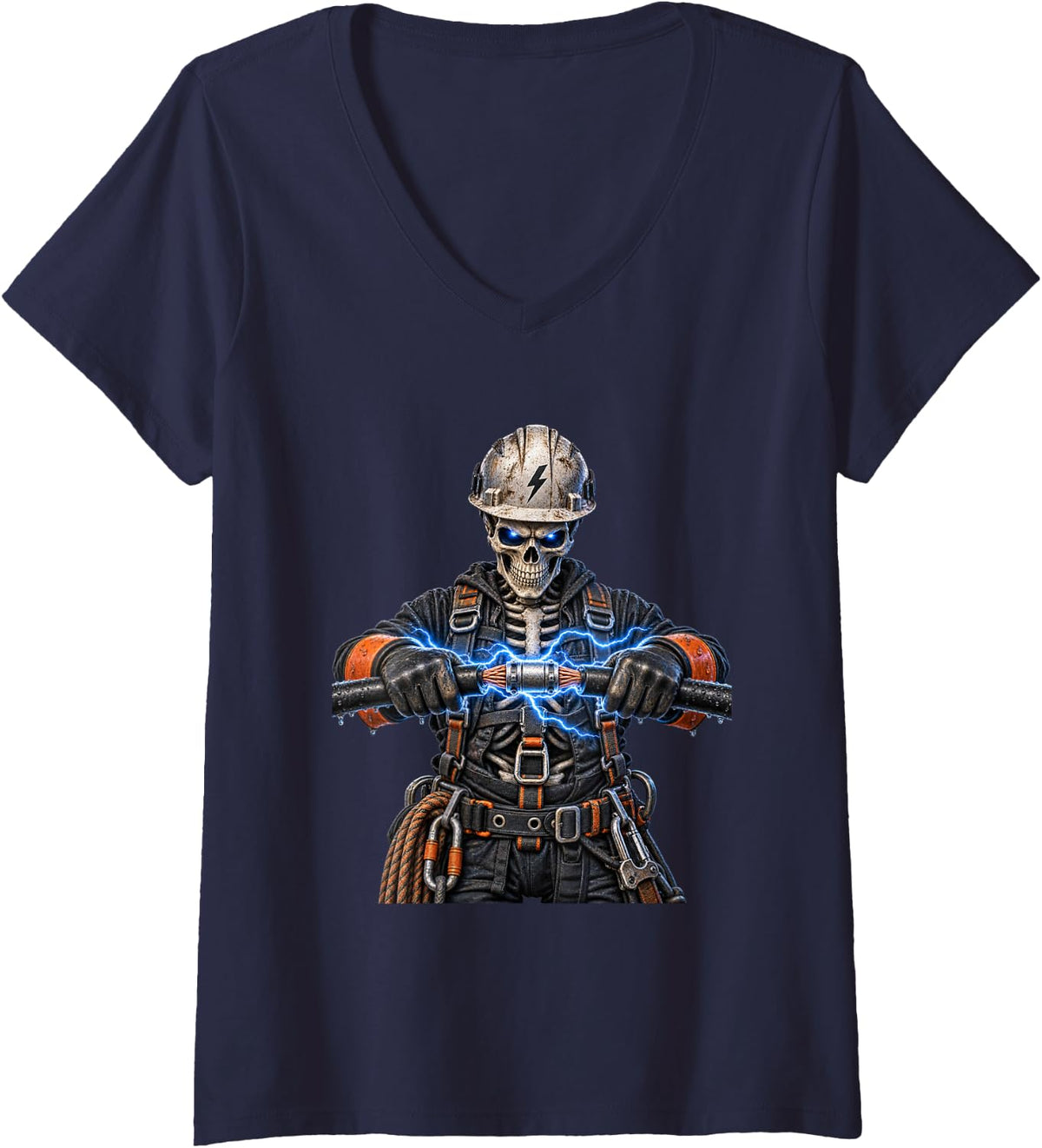 Women's Lineman Skeleton Design for Lineworkers and Lineman V-Neck T-Shirt - Navy Blue