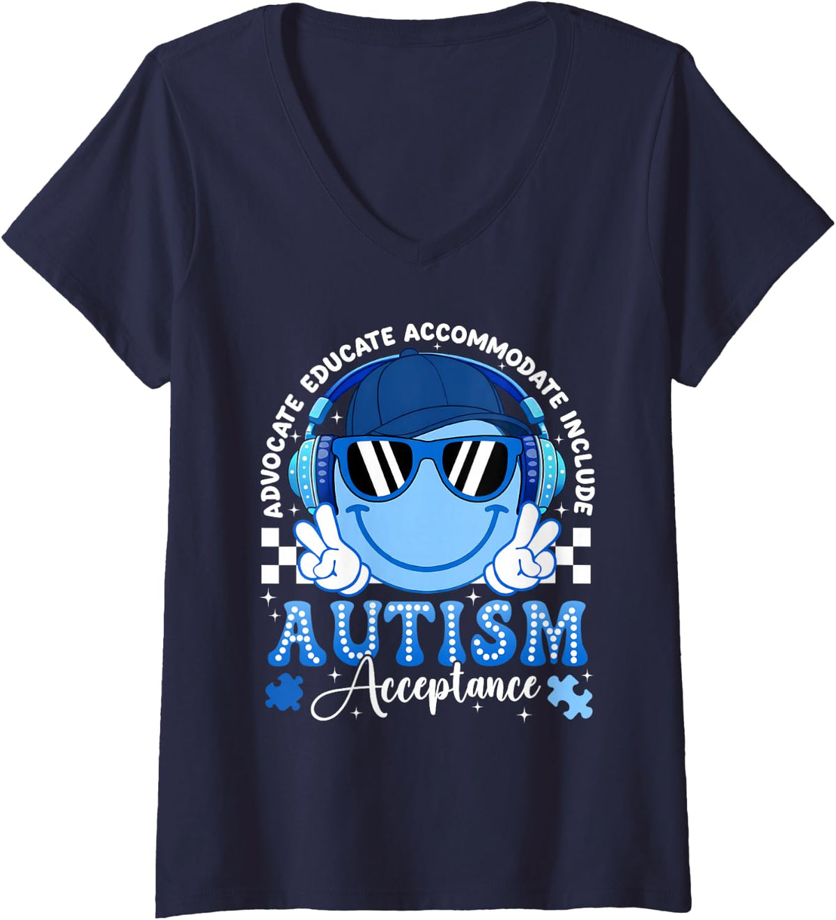 Women's Autism Advocate Educate Accommodate Include Smile Face V-Neck T-Shirt - Navy Blue