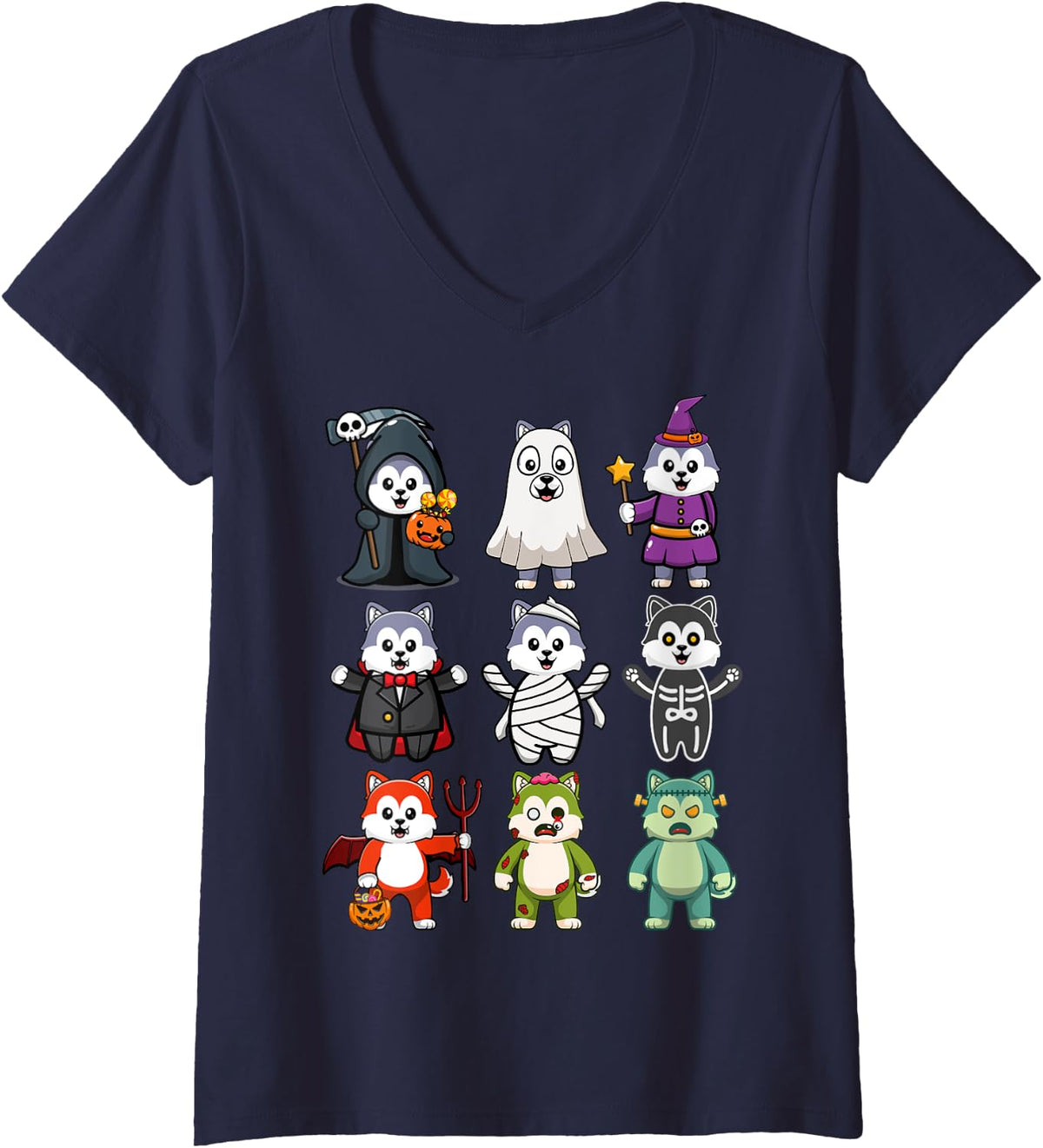 Womens Husky Dog Spooky Boo-Jee Horror Pumpkin Husky Halloween V-Neck T-Shirt - Navy Blue