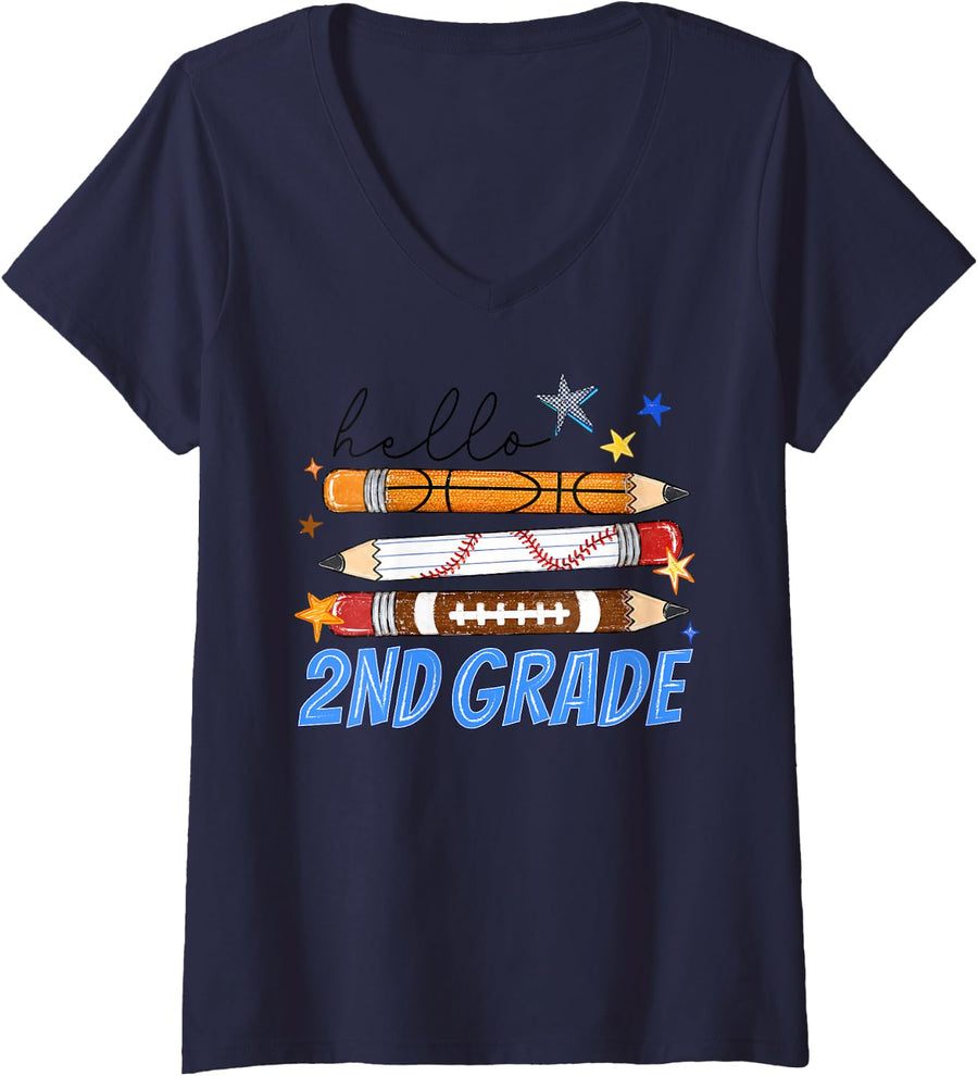 Women's Hello 2nd Grade Boys First Day of School Pencil Stripes V-Neck T-Shirt - Navy Blue
