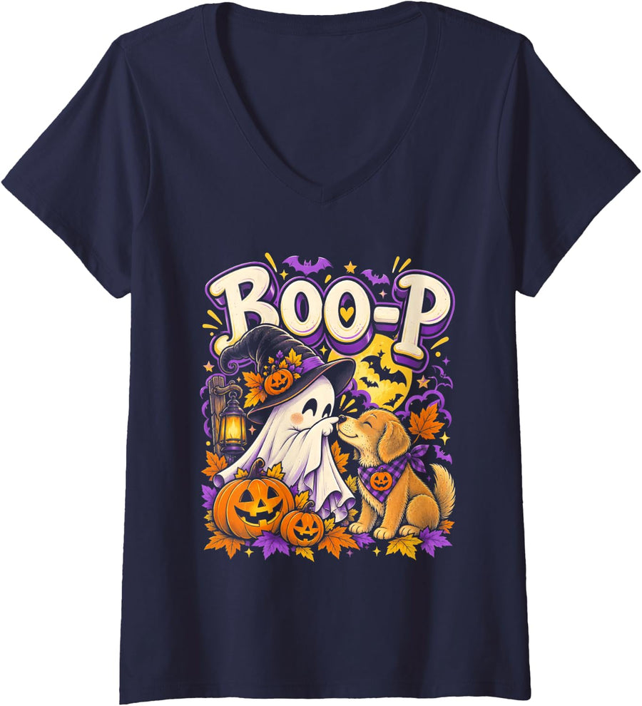 Women's Retro Boo Boo-p Dog Ghost Funny Halloween Dog Lovers Dog V-Neck T-Shirt - Navy Blue