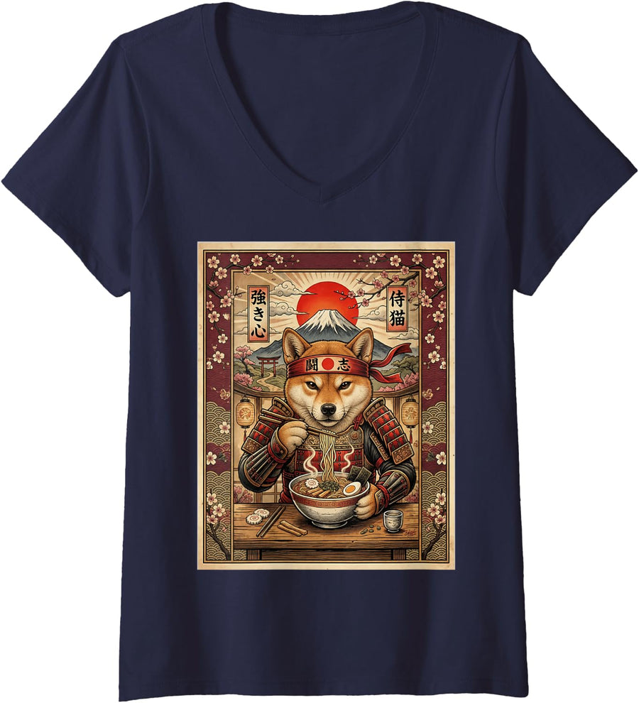 Women's Ramen Noodles Shiba-Inu Dog Japan Graphic Samurai Warrior V-Neck T-Shirt - Navy Blue